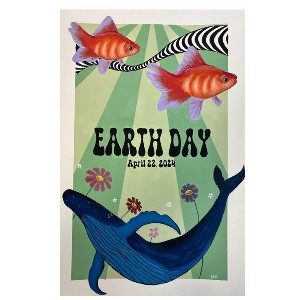 "Earth Day April 22, 2024" Poster with goldfish, a whale, and flowers